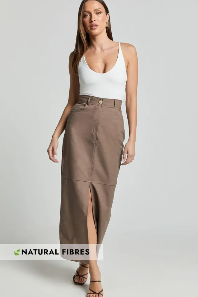 Vanna Midi Skirt 8211 High Waisted Front Slit Skirt In Mocha Women Showpo Conscious