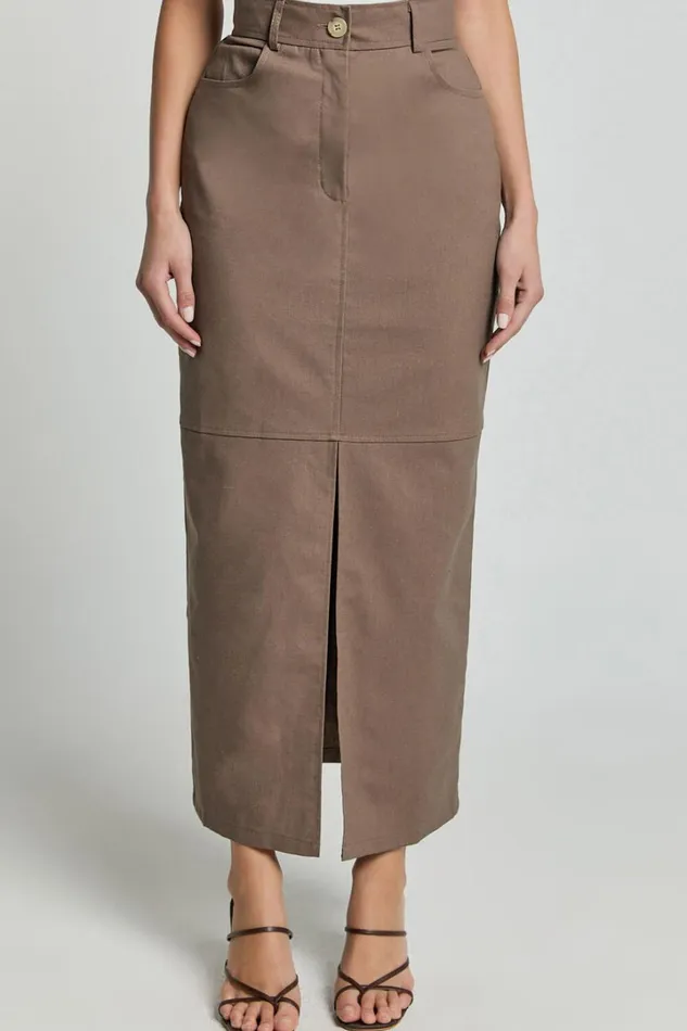 Vanna Midi Skirt 8211 High Waisted Front Slit Skirt In Mocha Women Showpo Conscious