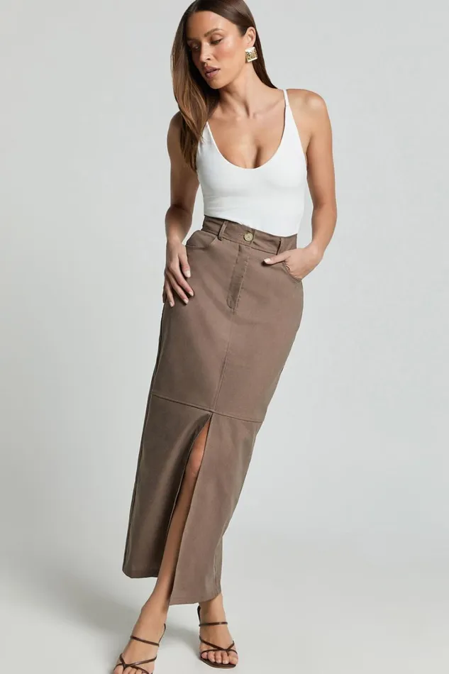 Vanna Midi Skirt 8211 High Waisted Front Slit Skirt In Mocha Women Showpo Conscious