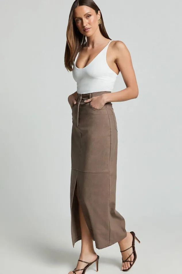 Vanna Midi Skirt 8211 High Waisted Front Slit Skirt In Mocha Women Showpo Conscious