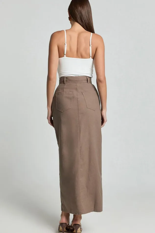 Vanna Midi Skirt 8211 High Waisted Front Slit Skirt In Mocha Women Showpo Conscious