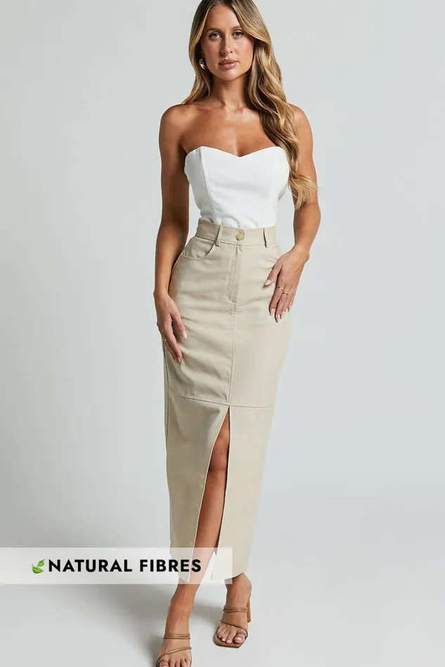 Vanna Midi Skirt 8211 High Waisted Front Slit Skirt In Stone Women Showpo Conscious