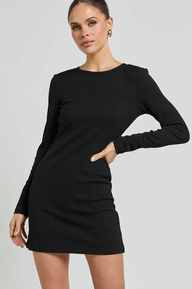 Victoria Mini Dress 8211 Long Sleeve Ribbed Jersey Dress In Black Women Showpo Dresses