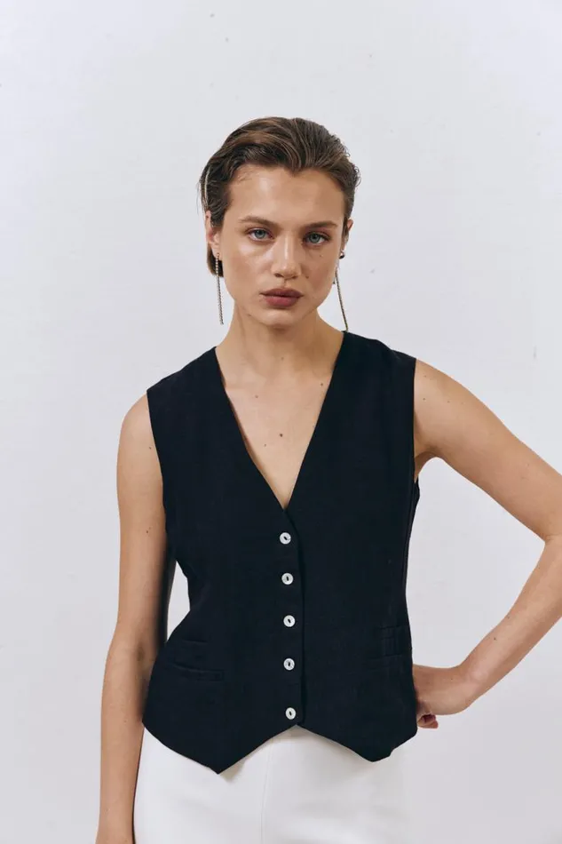 VRG GRL Italian Streets Linen Vest Black Women Sleeveless