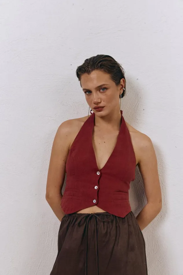 VRG GRL Los Cabos Linen Vest Wine Women Vests