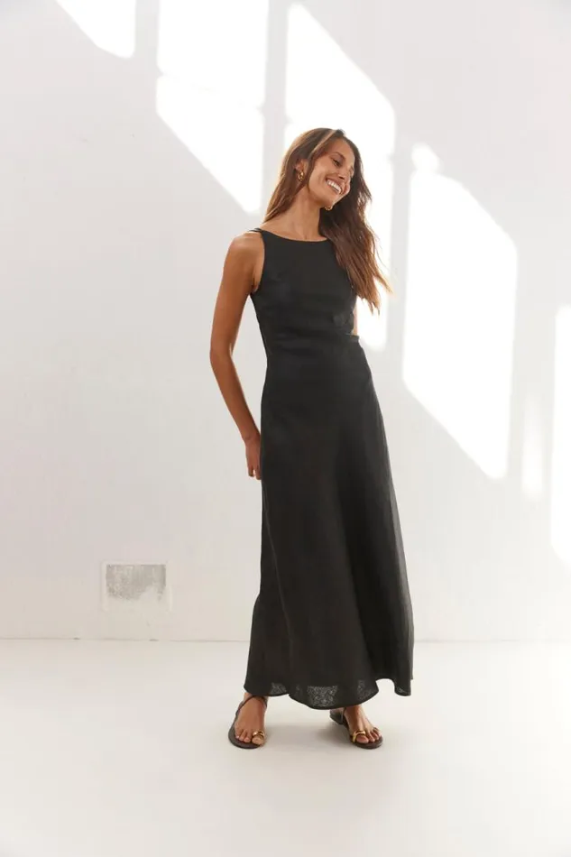 VRG GRL Opal Linen Maxi Dress Black Women MidiMaxi Dresses