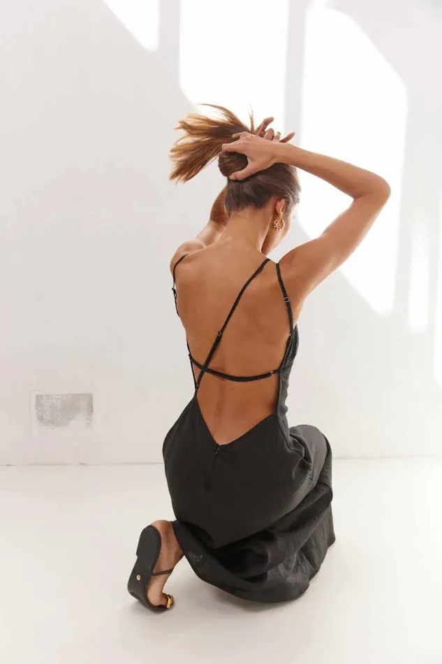 VRG GRL Opal Linen Maxi Dress Black Women MidiMaxi Dresses