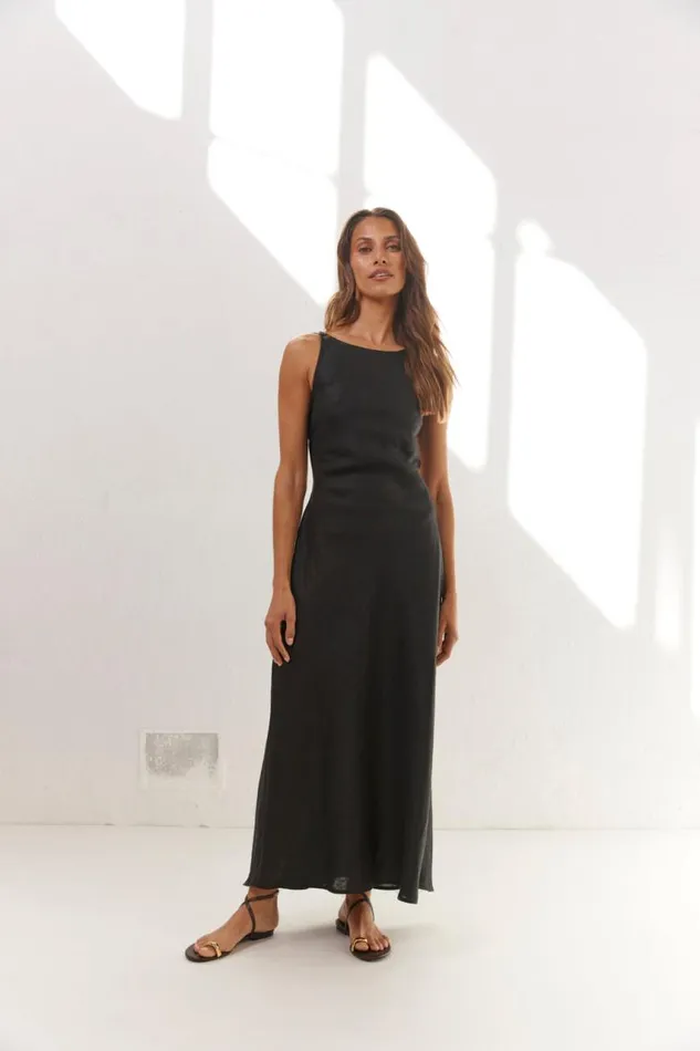 VRG GRL Opal Linen Maxi Dress Black Women MidiMaxi Dresses