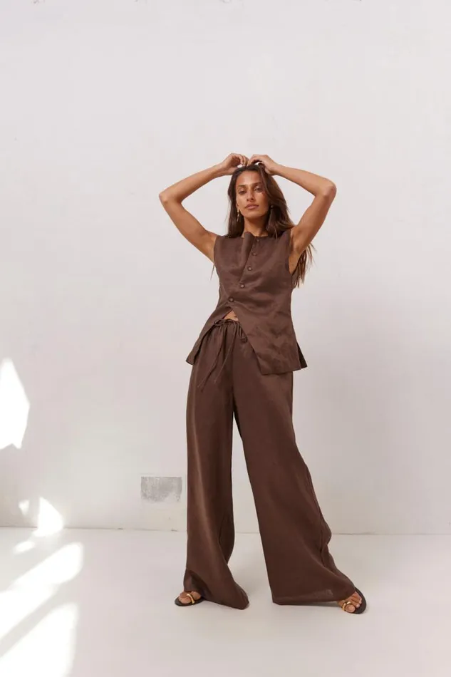 VRG GRL Raya Linen Pants Chocolate Women Sets