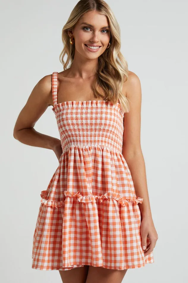 Wilda Mini Dress 8211 Shirred Tiered Dress In Orange Women Showpo Dresses