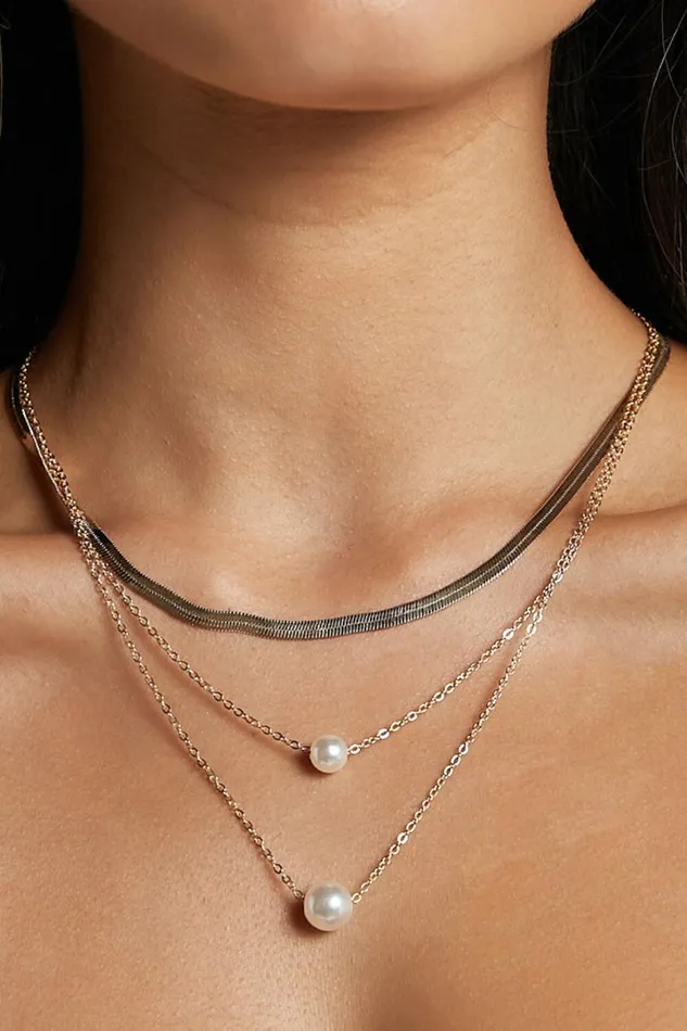 Wilma Necklace 8211 3 Layered Chain and Pearl Pendant Necklace In Gold Women Showpo Necklaces