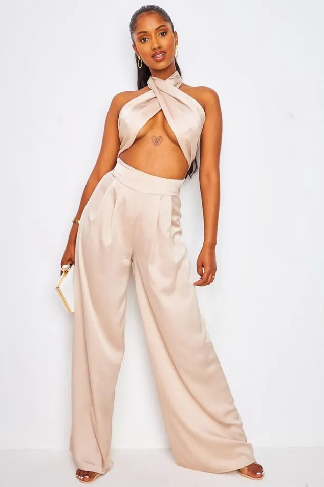 Women 2 Piece CoOrd Satin Set Wrap Top With Halter Neck Trousers In Beige Beige Brentiny Paris Top And Tank Tops Women 2 Piece CoOrd Satin Set Wrap Top With Halter Neck Trousers In Beige Beige Brentiny Paris Top And Tank Tops