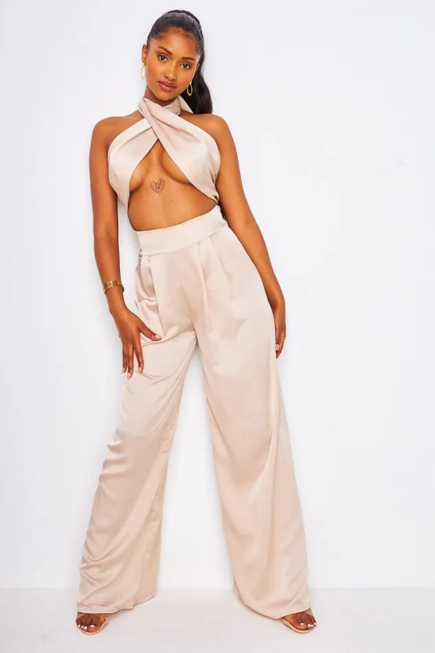 Women 2 Piece CoOrd Satin Set Wrap Top With Halter Neck Trousers In Beige Beige Brentiny Paris Top And Tank Tops