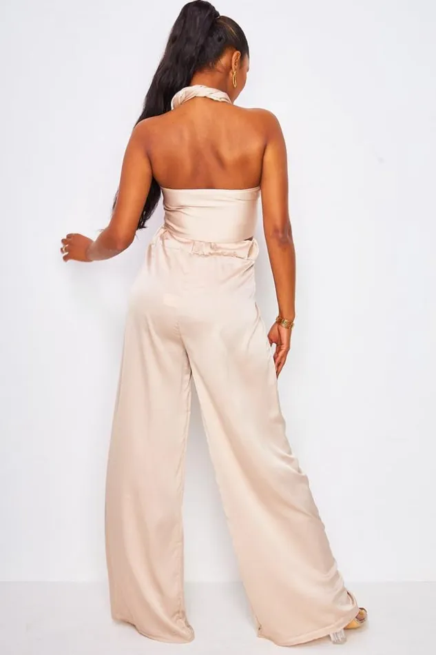 Women 2 Piece CoOrd Satin Set Wrap Top With Halter Neck Trousers In Beige Beige Brentiny Paris Top And Tank Tops