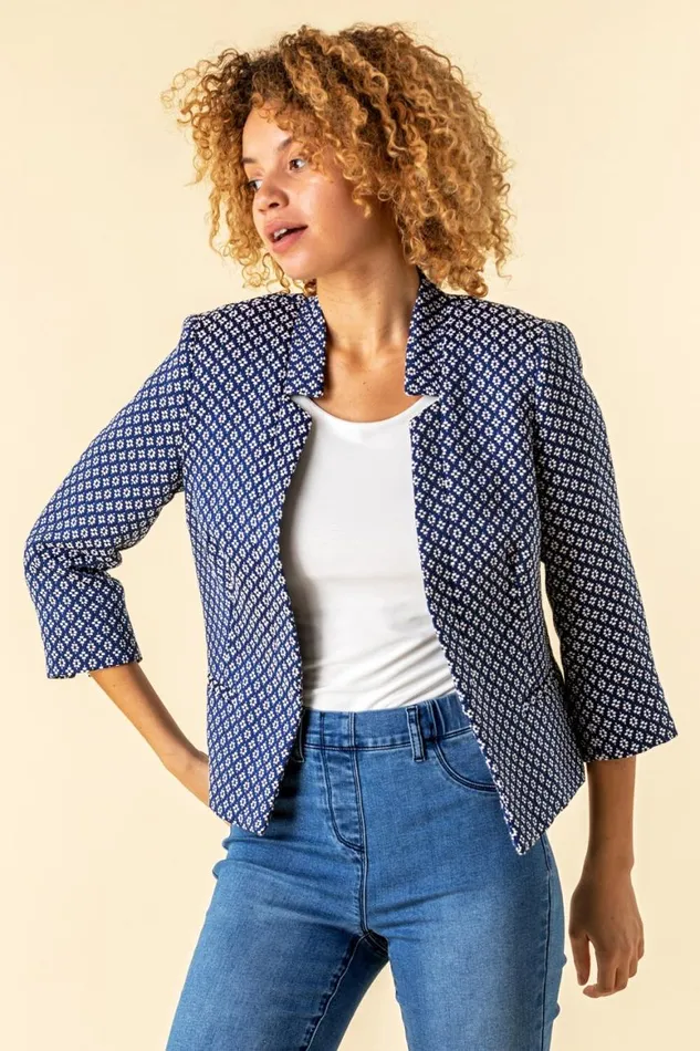 Women 34 Sleeve Jacquard Print Notch Neck Jacket Roman Jackets
