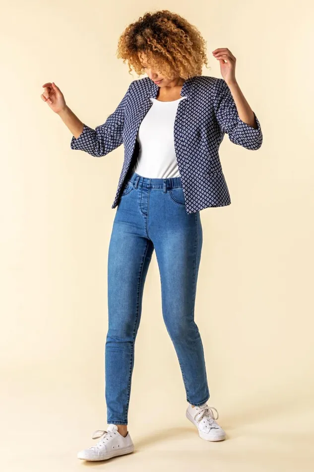 Women 34 Sleeve Jacquard Print Notch Neck Jacket Roman Jackets