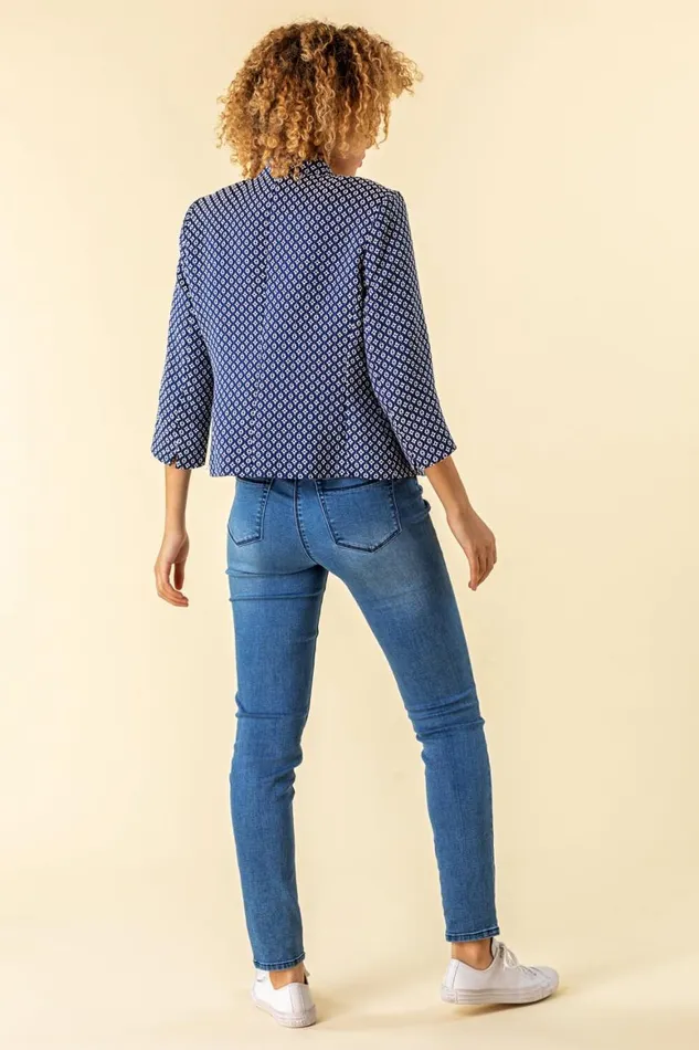 Women 34 Sleeve Jacquard Print Notch Neck Jacket Roman Jackets