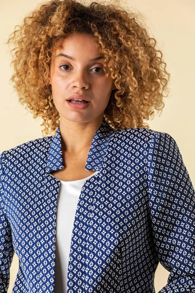 Women 34 Sleeve Jacquard Print Notch Neck Jacket Roman Jackets