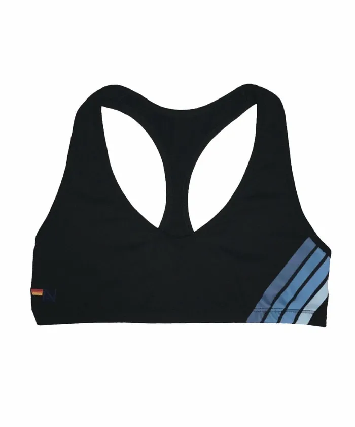 Women 4 STRIPE VCUT SPORTS BRA 8211 BLACK BLUE STRIPES Aviator Nation SportsBras