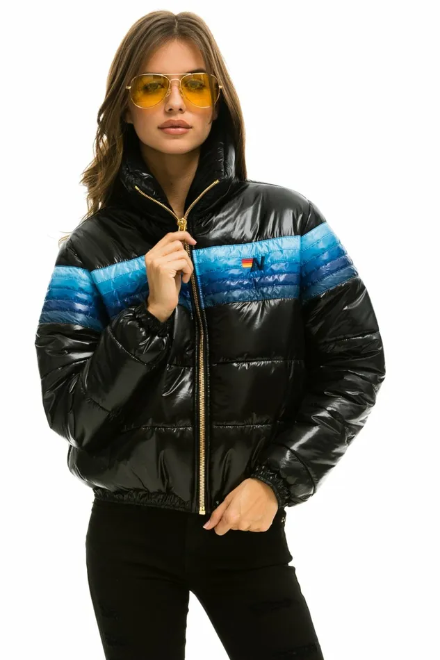 Women 5 STRIPE LUXE APRES PUFFER JACKET 8211 GLOSSY BLACK BLUE STRIPES Aviator Nation Outerwear Women 5 STRIPE LUXE APRES PUFFER JACKET 8211 GLOSSY BLACK BLUE STRIPES Aviator Nation Outerwear