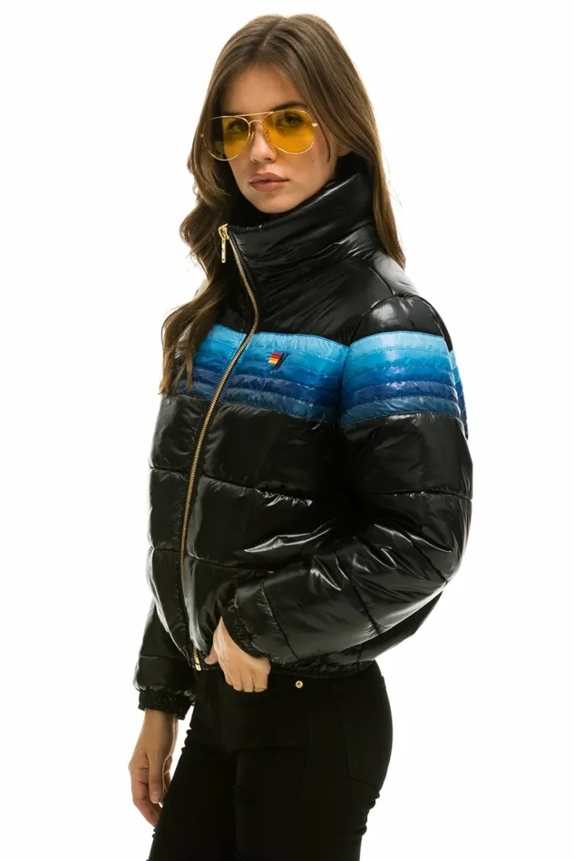 Women 5 STRIPE LUXE APRES PUFFER JACKET 8211 GLOSSY BLACK BLUE STRIPES Aviator Nation Outerwear Women 5 STRIPE LUXE APRES PUFFER JACKET 8211 GLOSSY BLACK BLUE STRIPES Aviator Nation Outerwear