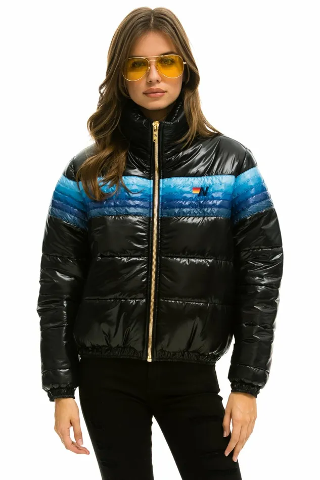 Women 5 STRIPE LUXE APRES PUFFER JACKET 8211 GLOSSY BLACK BLUE STRIPES Aviator Nation Outerwear Women 5 STRIPE LUXE APRES PUFFER JACKET 8211 GLOSSY BLACK BLUE STRIPES Aviator Nation Outerwear