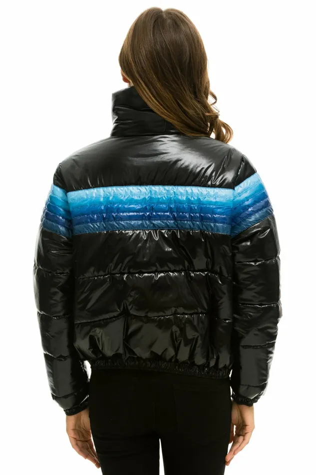 Women 5 STRIPE LUXE APRES PUFFER JACKET 8211 GLOSSY BLACK BLUE STRIPES Aviator Nation Outerwear Women 5 STRIPE LUXE APRES PUFFER JACKET 8211 GLOSSY BLACK BLUE STRIPES Aviator Nation Outerwear