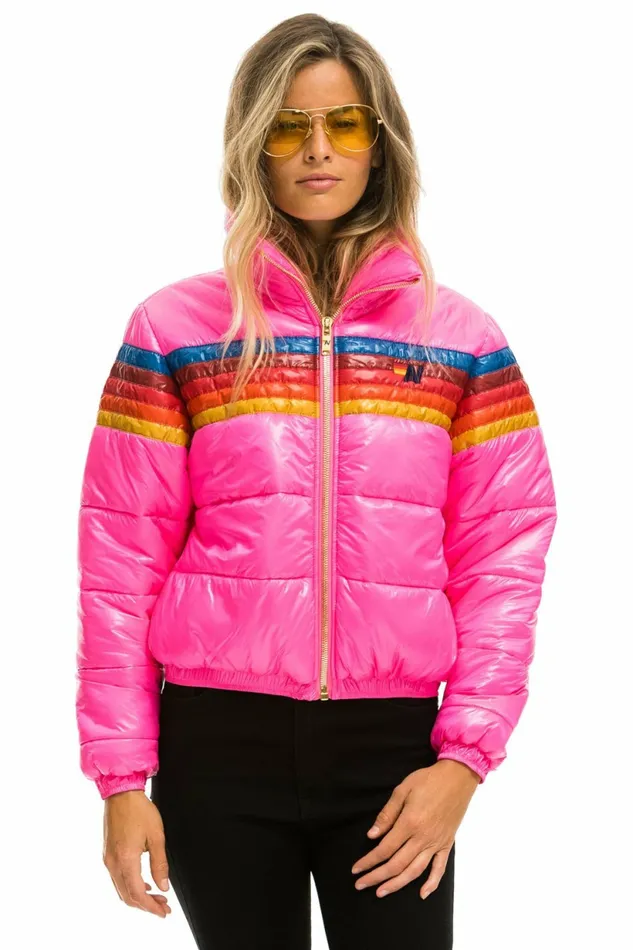 Women 5 STRIPE LUXE APRES PUFFER JACKET 8211 GLOSSY NEON PINK Aviator Nation Outerwear