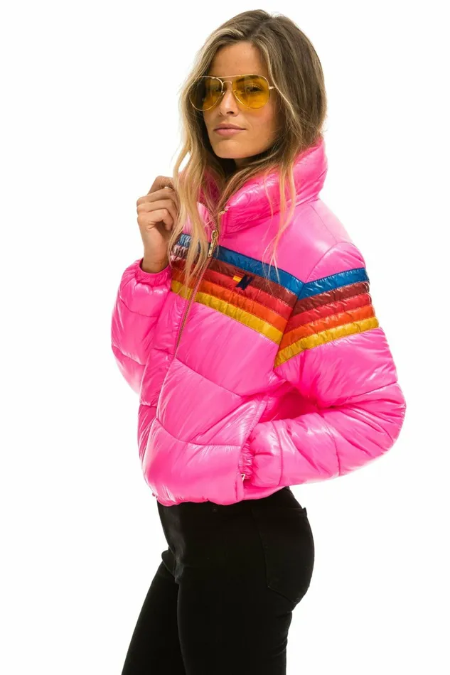 Women 5 STRIPE LUXE APRES PUFFER JACKET 8211 GLOSSY NEON PINK Aviator Nation Outerwear Women 5 STRIPE LUXE APRES PUFFER JACKET 8211 GLOSSY NEON PINK Aviator Nation Outerwear