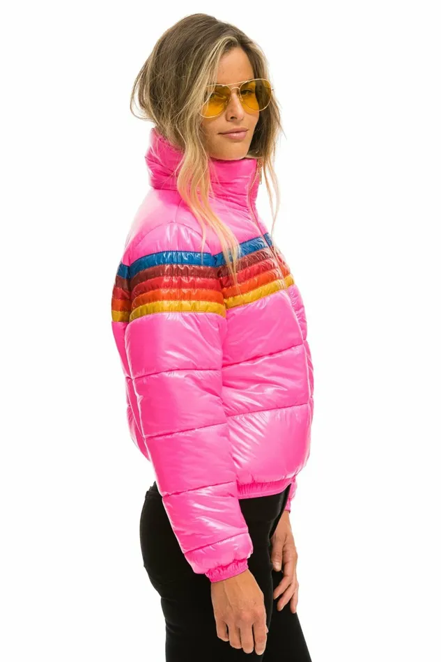 Women 5 STRIPE LUXE APRES PUFFER JACKET 8211 GLOSSY NEON PINK Aviator Nation Outerwear Women 5 STRIPE LUXE APRES PUFFER JACKET 8211 GLOSSY NEON PINK Aviator Nation Outerwear