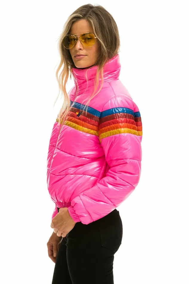 Women 5 STRIPE LUXE APRES PUFFER JACKET 8211 GLOSSY NEON PINK Aviator Nation Outerwear Women 5 STRIPE LUXE APRES PUFFER JACKET 8211 GLOSSY NEON PINK Aviator Nation Outerwear