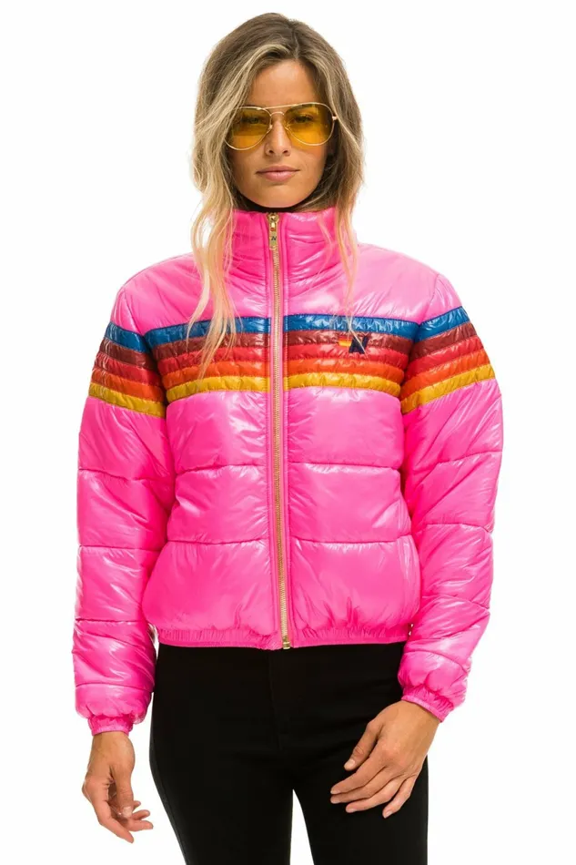 Women 5 STRIPE LUXE APRES PUFFER JACKET 8211 GLOSSY NEON PINK Aviator Nation Outerwear Women 5 STRIPE LUXE APRES PUFFER JACKET 8211 GLOSSY NEON PINK Aviator Nation Outerwear