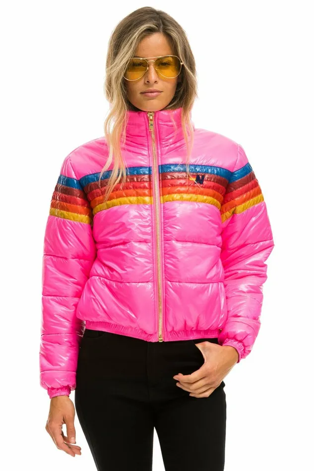 Women 5 STRIPE LUXE APRES PUFFER JACKET 8211 GLOSSY NEON PINK Aviator Nation Outerwear Women 5 STRIPE LUXE APRES PUFFER JACKET 8211 GLOSSY NEON PINK Aviator Nation Outerwear