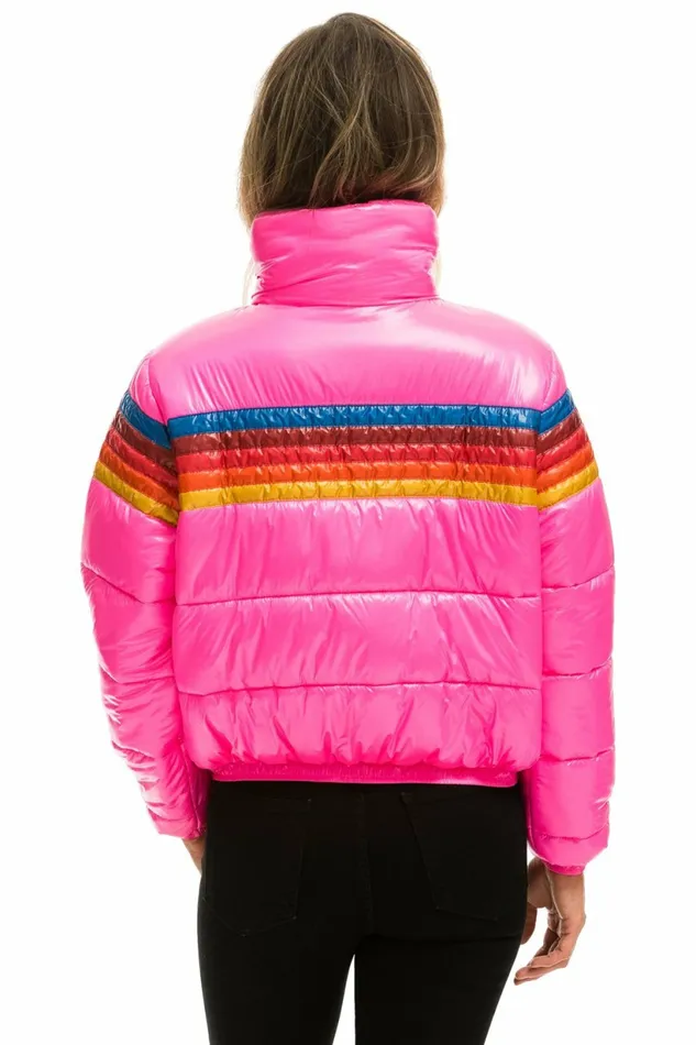 Women 5 STRIPE LUXE APRES PUFFER JACKET 8211 GLOSSY NEON PINK Aviator Nation Outerwear Women 5 STRIPE LUXE APRES PUFFER JACKET 8211 GLOSSY NEON PINK Aviator Nation Outerwear
