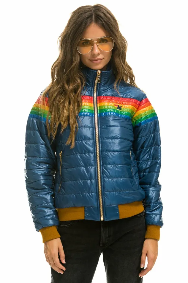 Women 6 STRIPE RAINBOW SLEEVE JACKET 8211 GLOSSY DEEP BLUE Aviator Nation Outerwear