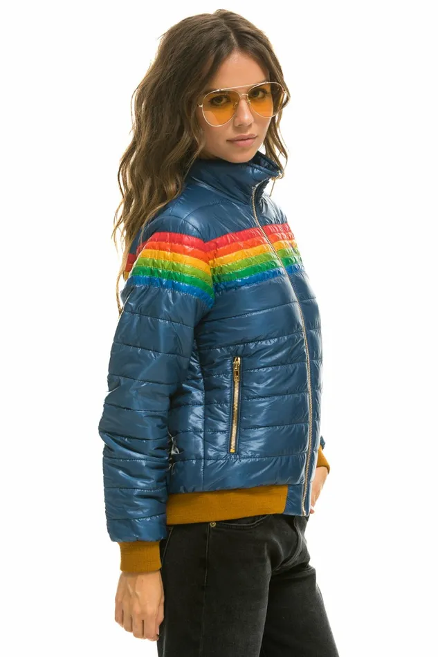 Women 6 STRIPE RAINBOW SLEEVE JACKET 8211 GLOSSY DEEP BLUE Aviator Nation Outerwear Women 6 STRIPE RAINBOW SLEEVE JACKET 8211 GLOSSY DEEP BLUE Aviator Nation Outerwear