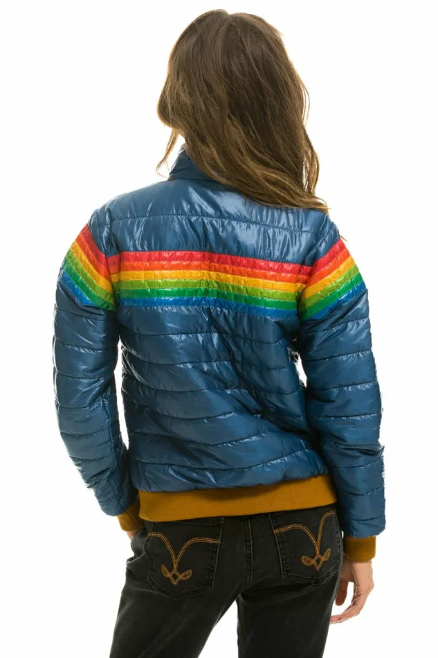 Women 6 STRIPE RAINBOW SLEEVE JACKET 8211 GLOSSY DEEP BLUE Aviator Nation Outerwear Women 6 STRIPE RAINBOW SLEEVE JACKET 8211 GLOSSY DEEP BLUE Aviator Nation Outerwear
