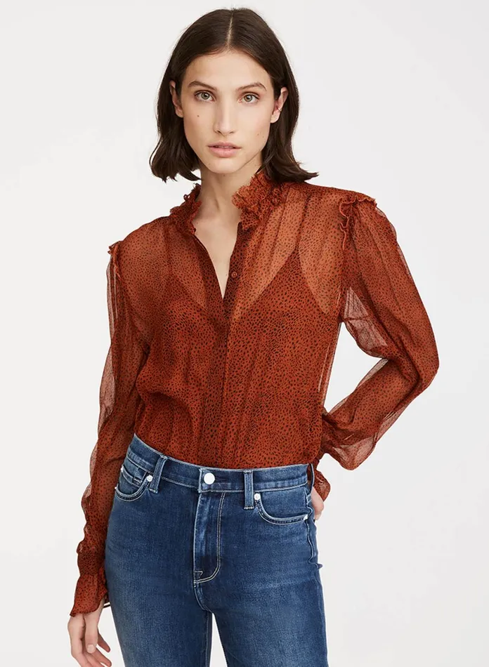 Women 7 For All Mankind Tops Ruffle Long Sleeve Blouse In Mini Cheetah