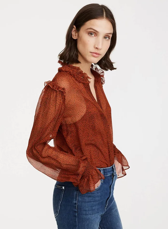 Women 7 For All Mankind Tops Ruffle Long Sleeve Blouse In Mini Cheetah