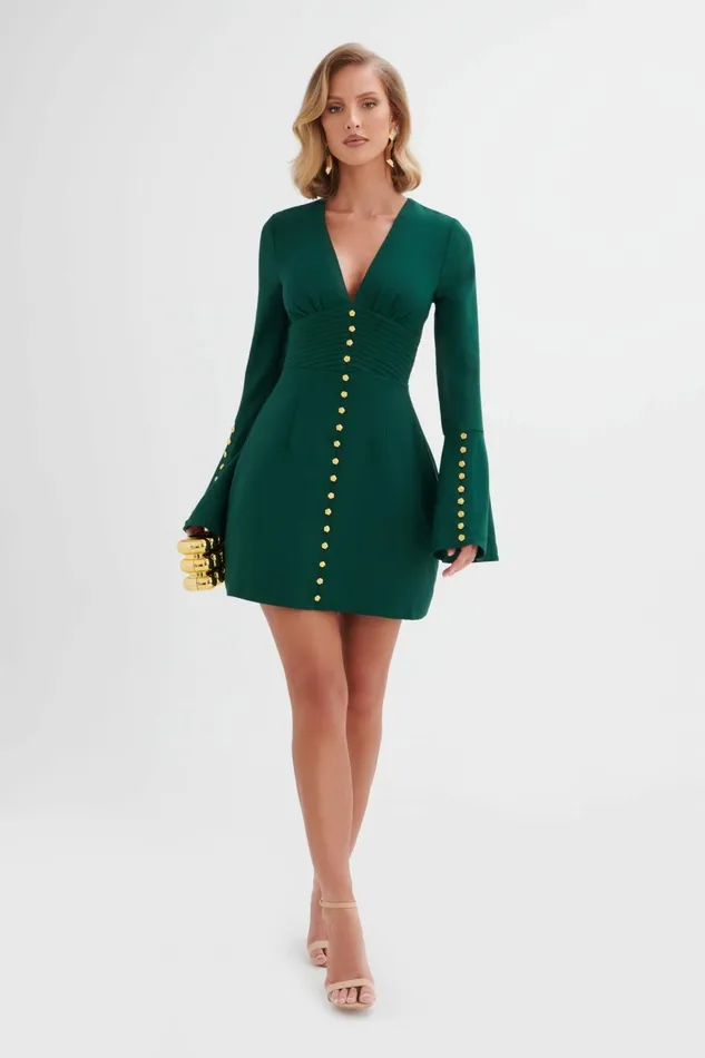 Women ALine Dresses Lavish Alice LARA Fluted Sleeve Rose Button Mini Dress In Emerald Green Emerald Green Women ALine Dresses Lavish Alice LARA Fluted Sleeve Rose Button Mini Dress In Emerald Green Emerald Green