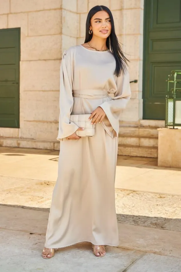Women Abaya Ample Ceinture Et Satine Beige Beige Brentiny Paris Satin Dresses