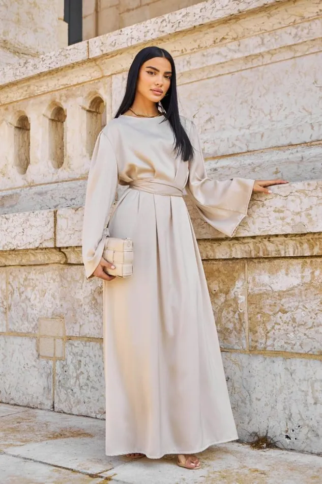 Women Abaya Ample Ceinture Et Satine Beige Beige Brentiny Paris Satin Dresses Women Abaya Ample Ceinture Et Satine Beige Beige Brentiny Paris Satin Dresses