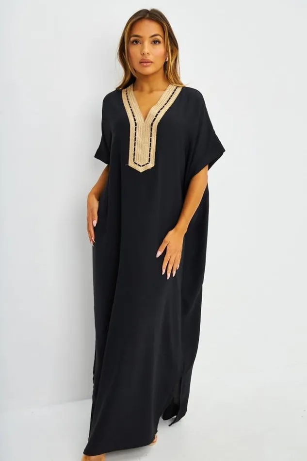 Women Abaya Noire Broderies Dores Black Brentiny Paris Collection Ramadan
