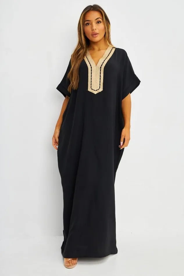 Women Abaya Noire Broderies Dores Black Brentiny Paris Collection Ramadan