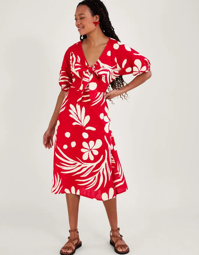 Women Abstract Palm Print Tie Front Midi Dress Red Monsoon Dresses