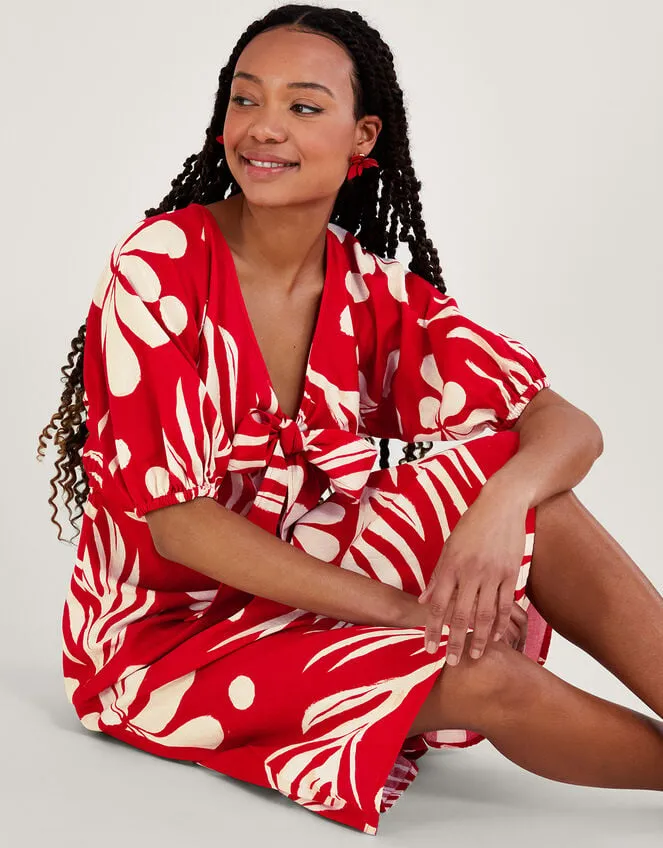 Women Abstract Palm Print Tie Front Midi Dress Red Monsoon Dresses