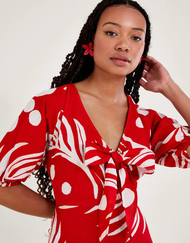 Women Abstract Palm Print Tie Front Midi Dress Red Monsoon Dresses