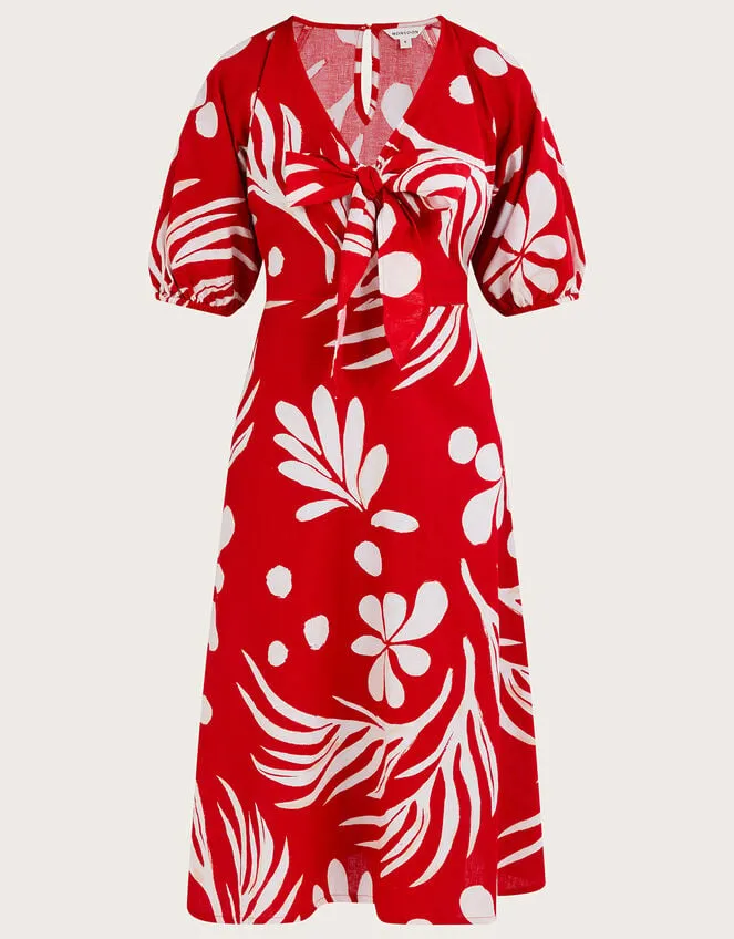 Women Abstract Palm Print Tie Front Midi Dress Red Monsoon Dresses