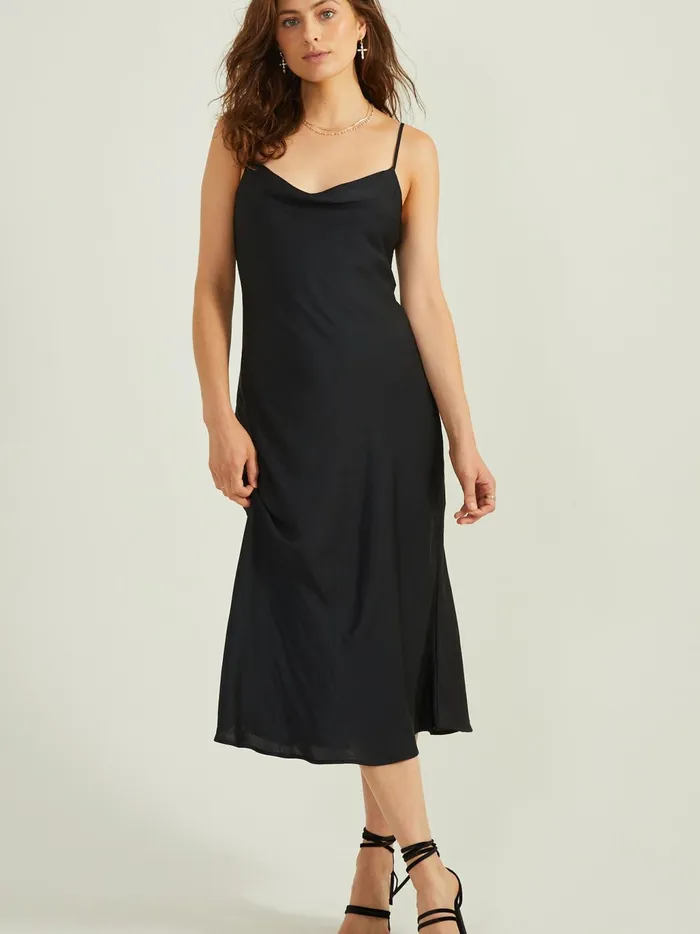 Women Altar039d State Casual Blythe Satin Slip Midi Dress Black