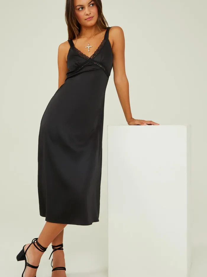Women Altar039d State Casual Cara Satin Midi Slip Dress Black